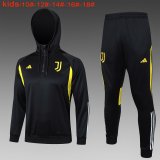 (Hoodie) 23/24 Juventus Black Soccer Training Suit Sweatshirt + Pants Kids