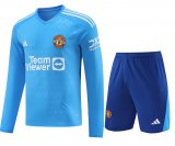(Long Sleeve) 23/24 Manchester United Goalkeeper Blue Soccer Jersey + Shorts Mens